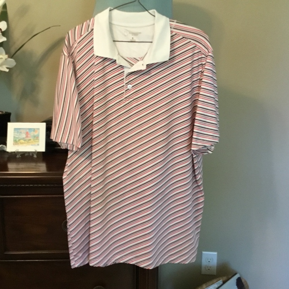St Andrews of Scotland-EUC-Men's Diagonal Stripe Polo Shirt-White, Red, Black